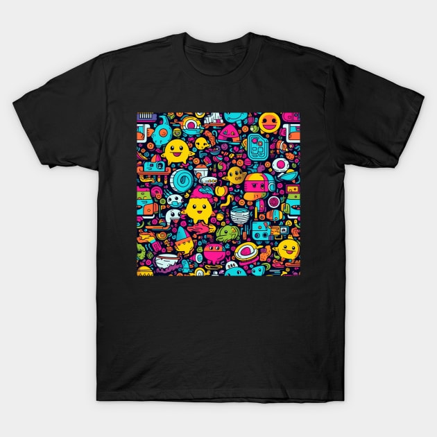 Cute Colorful Monsters and Creatures Pattern T-Shirt by VirtualArtGuy